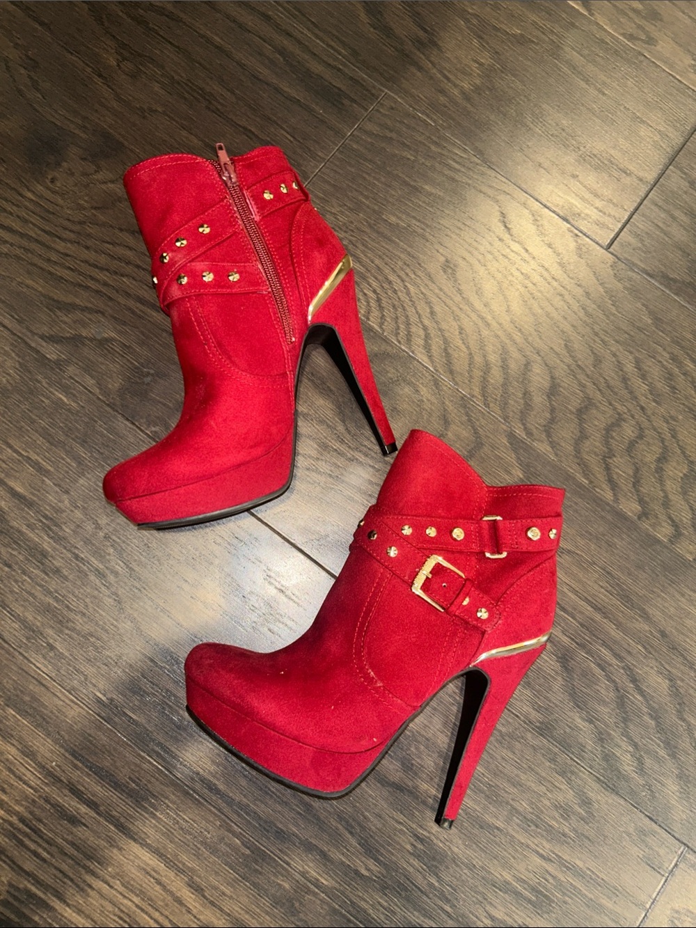 Guess Red Suede Platform Ankle Boots with Gold Hardware